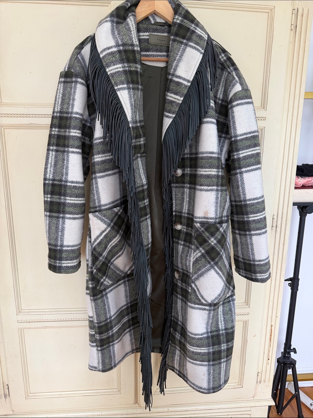 Blank NYC Olive & White Plaid Fringe Wool-Blend Pea Coat